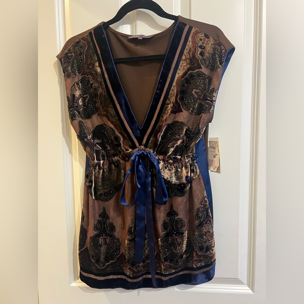 Hale Bob brown and blue velvet top. Size small. NEW WITH TAGS